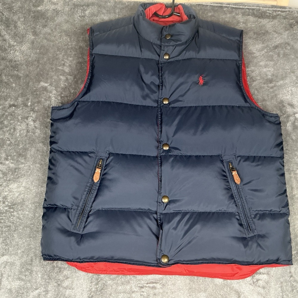 Polo Ralph Lauren Men's Quilted Down Puffer Vest Mens L Blue Red REVERSIBLE EUC